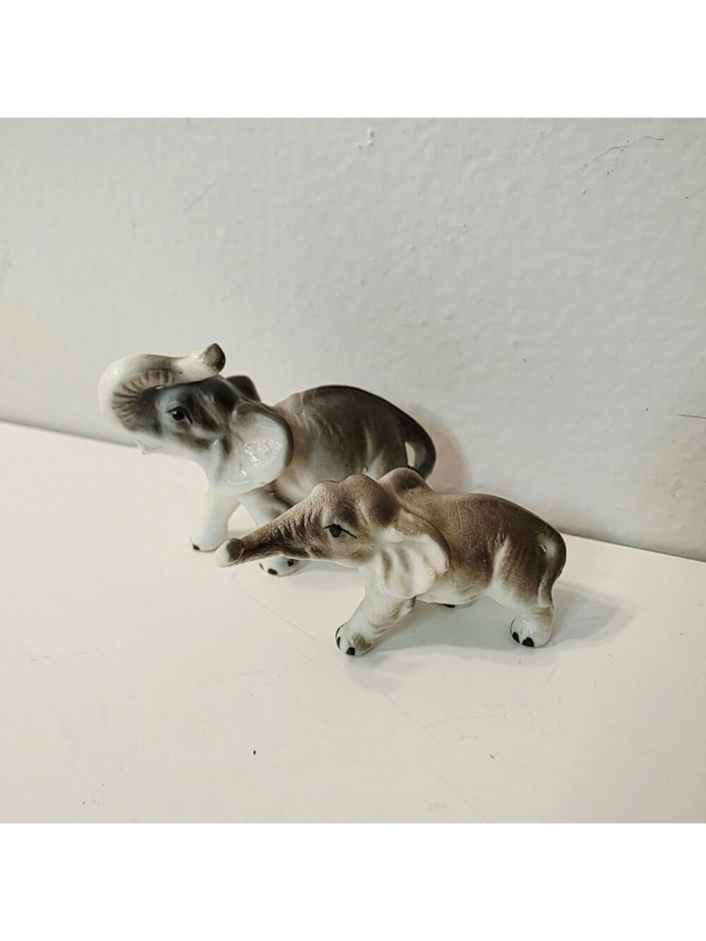 2 Mini Gray Mama and Baby Elephant Ceramic Figurines Safari Jungle Decor